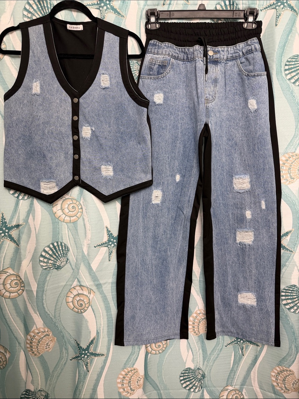 LA DIOSA Distressed Denim Vest & Jogger Set in Light Blue and Black